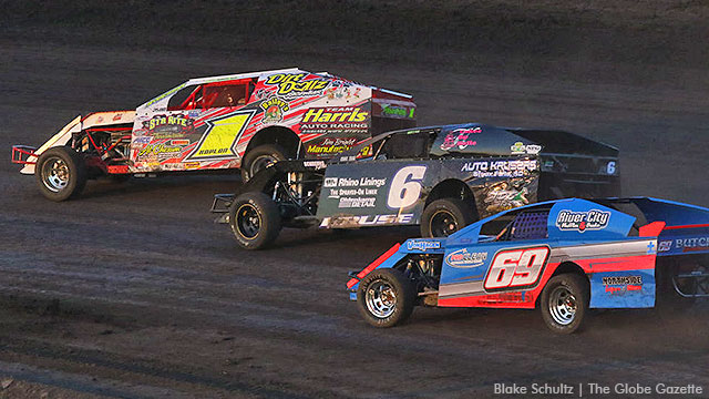 Austin Kaplan (1) leads Dustin Kruse (6) and Kyle Germundson (69) in Sunday's Out-Pace USRA B-Mod feature at the Mason City Motor Speedway.